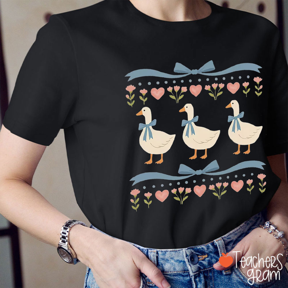 Silly Goose And Pink Flower Teacher T-Shirt