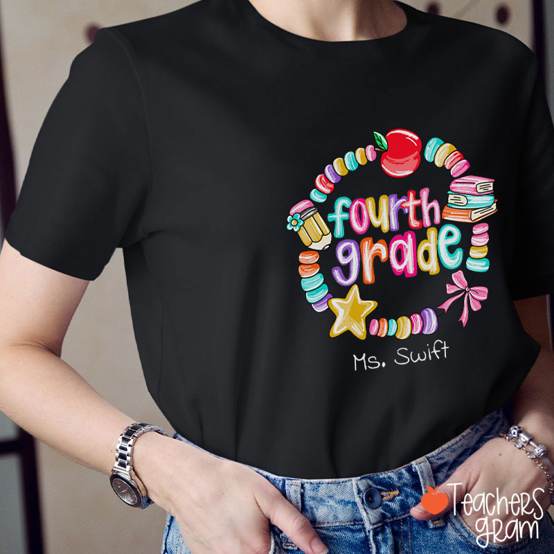 Personalized Grade Name Pencil Book Apple Star Bow Teacher T-Shirt