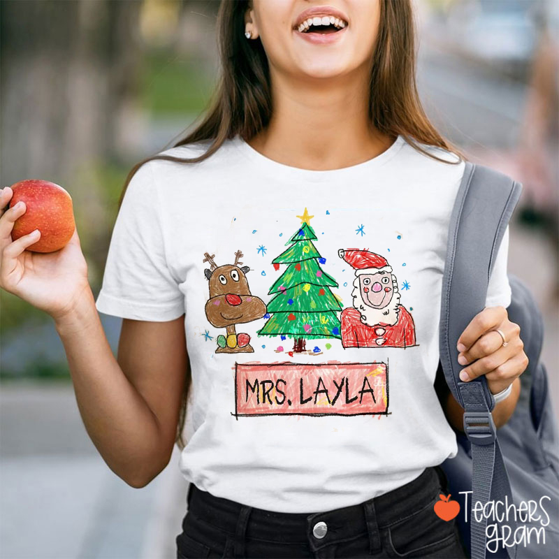 Personalized Name Santa Claus Reindeer Simple Strokes Teacher T-Shirt