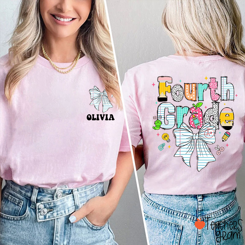 Personalized Grade Name Bow Pencil Notebook Caterpillar Teacher Two Sided T-Shirt