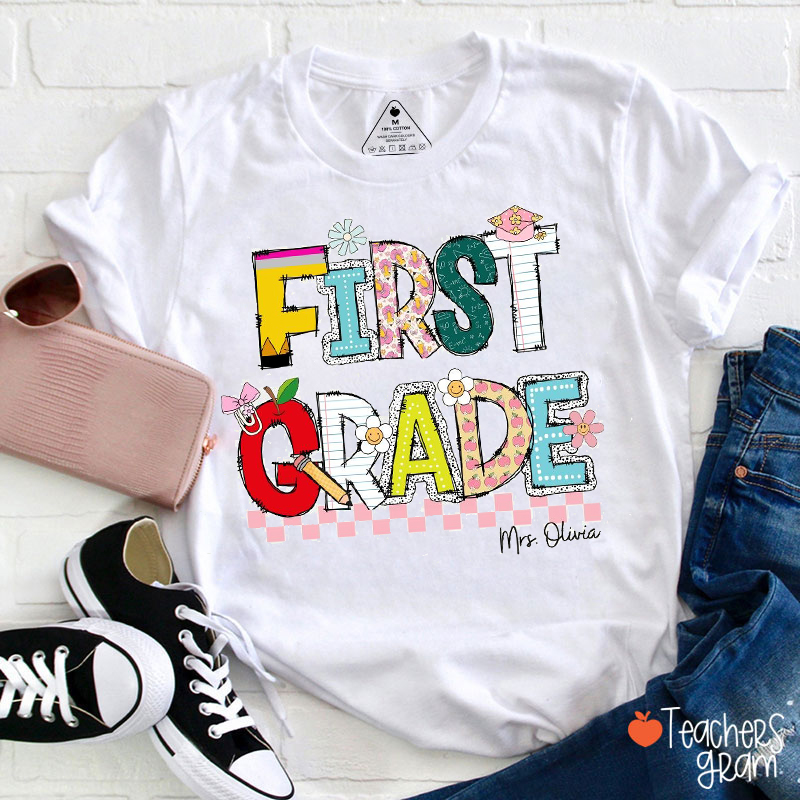 Personalized Grade And Name Pencil Blackboard Notebook Teacher T-Shirt