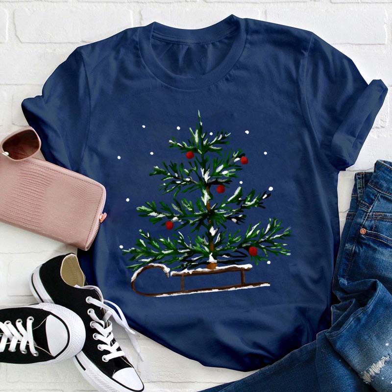 Christmas Tree Sleigh Teacher T-Shirt