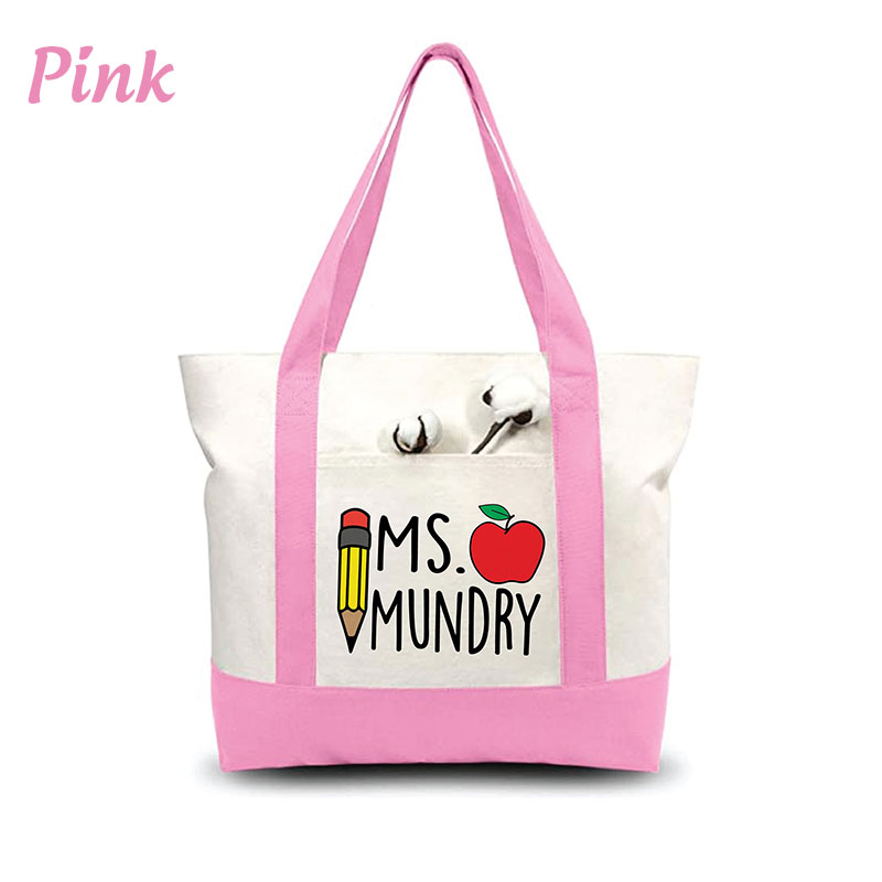 Personalized Pencil Apple Teacher Color Block Tote Bag