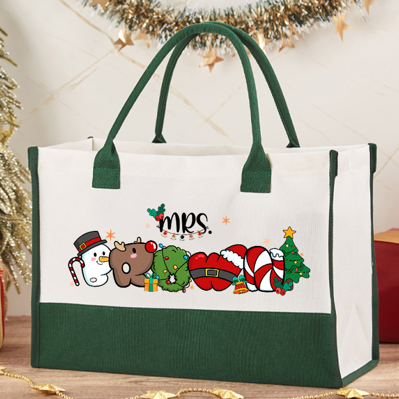 Personalized Name Merry Christmas Teacher Cotton Tote Bag