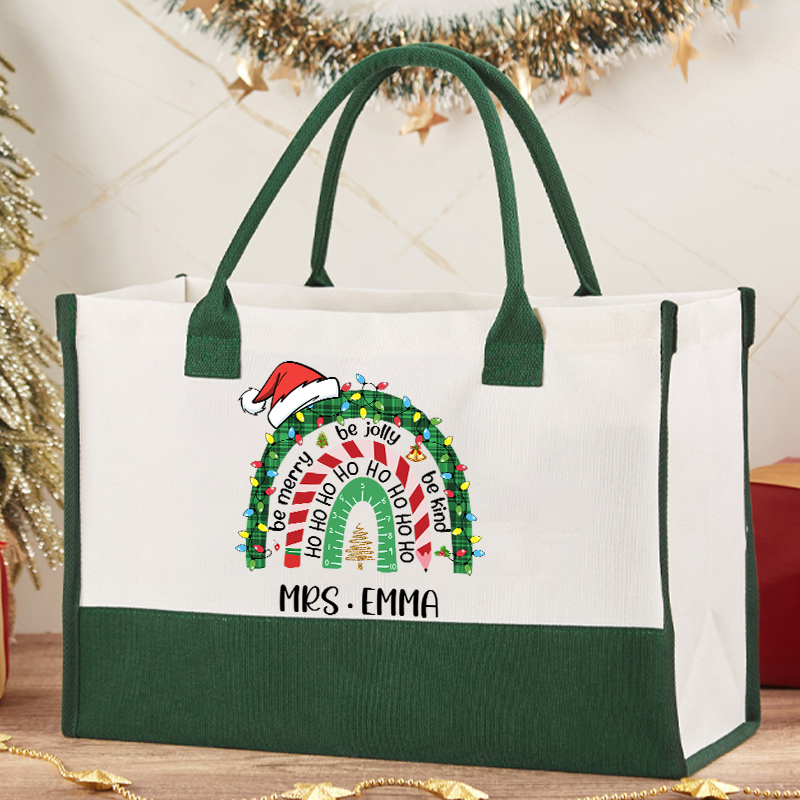 Personalized Be Merry Be Jolly Be Kind Christmas Teacher Cotton Tote Bag