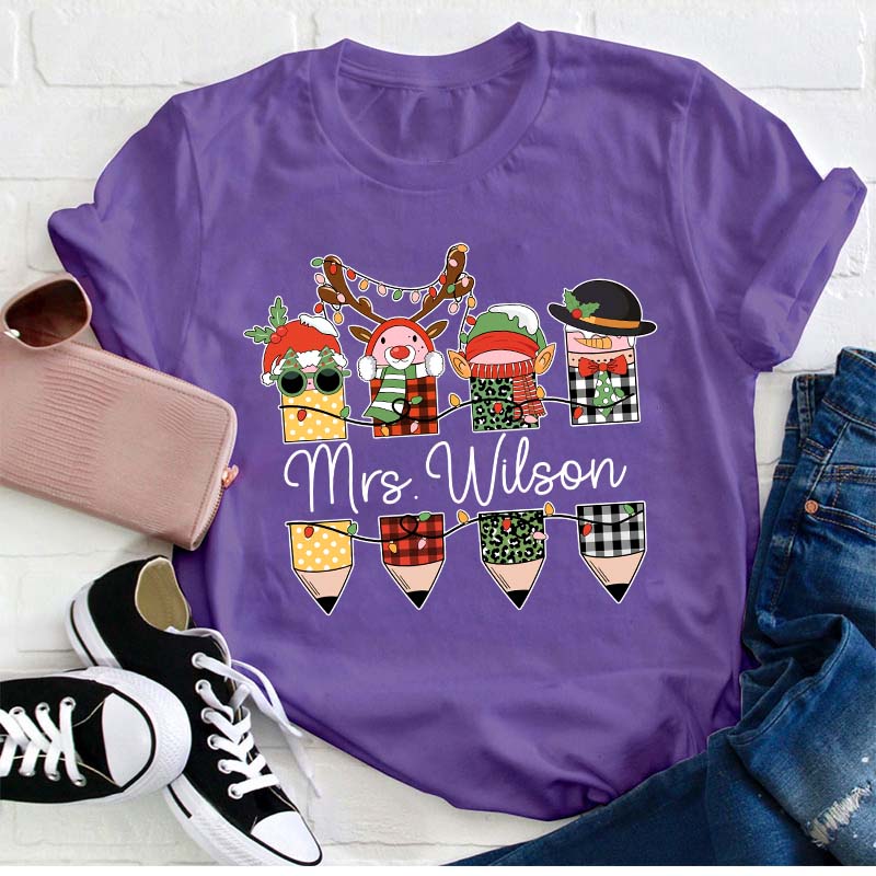 Personalized Name Cute Christmas Pencils Teacher T-Shirt