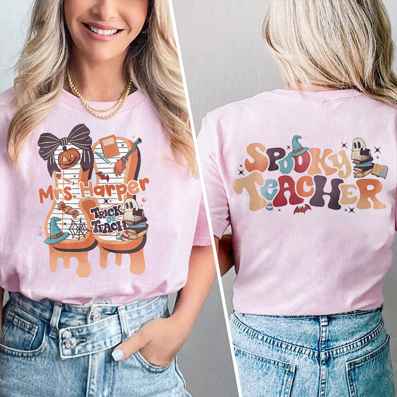 Personalized Name Initials Design Spooky Teacher Two Sided T-Shirt