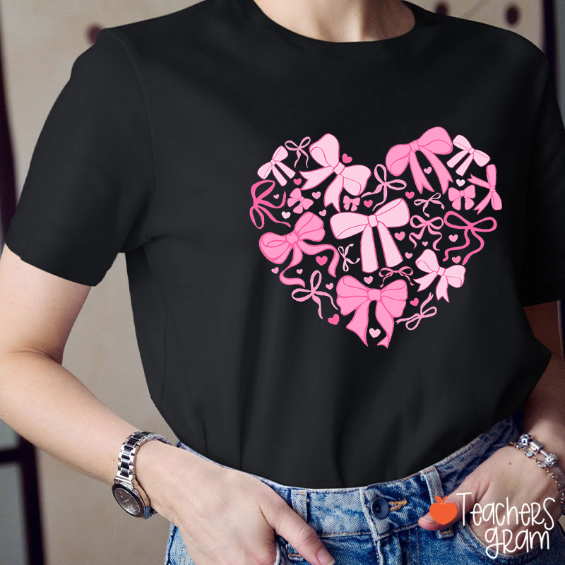 Pink Bow Heart Valentine Teacher T-Shirt