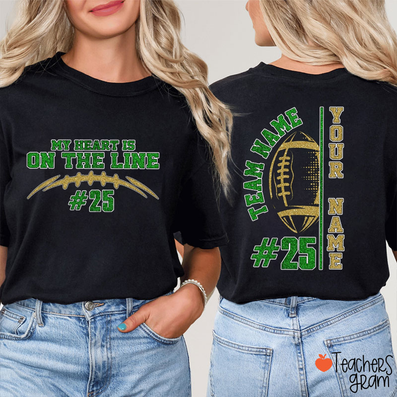 Personalized Mascot And Sport Imitation Glitter My Heart Is On The Line Teacher Two Sided T-Shirt