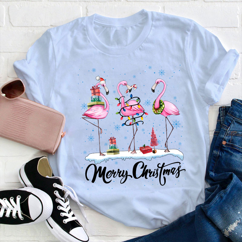 Pink Flamingo Merry Christmas Teacher T-Shirt