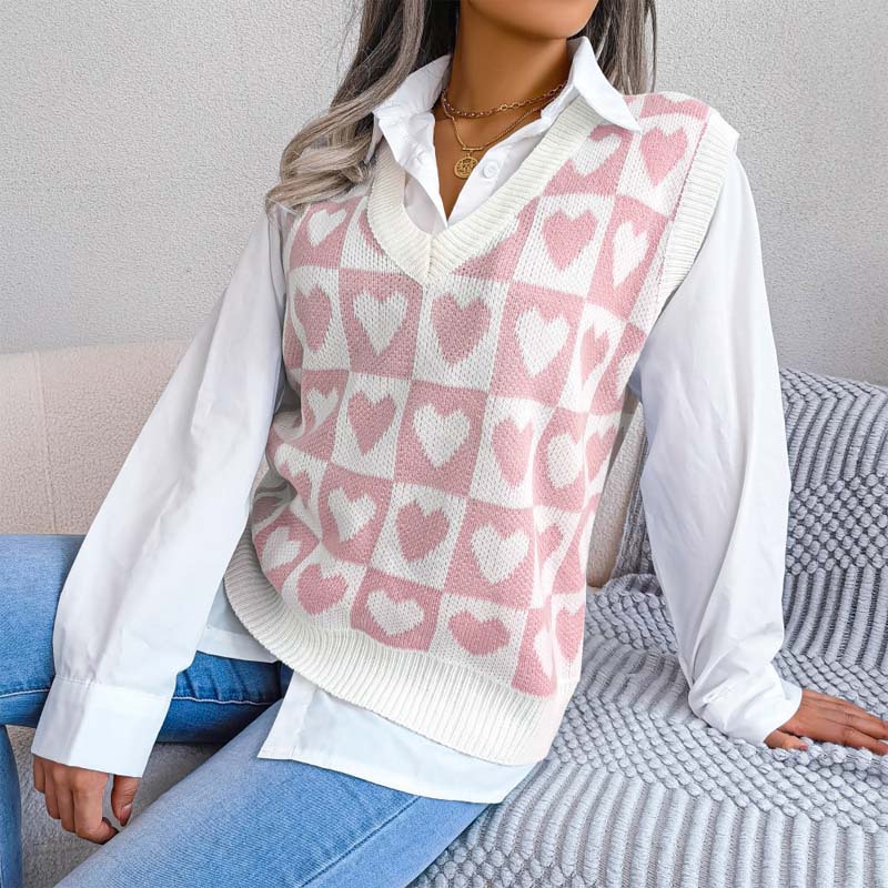 Heart Checker Pattern Sweater Vest
