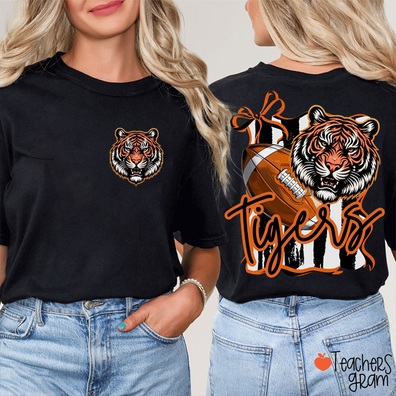 Personalized Mascot And Sport Striped Bow School Spirit Teacher Two Sided T-Shirt