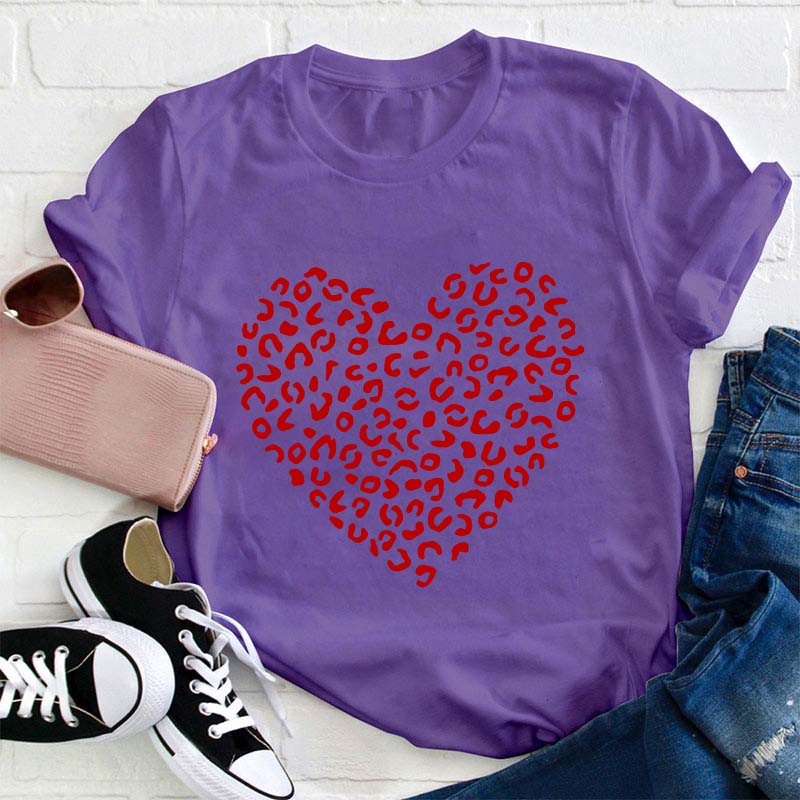 Red Leopard Heart Teacher T-Shirt