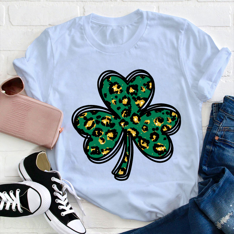 Leopard Glitter Shamrock Teacher T-Shirt