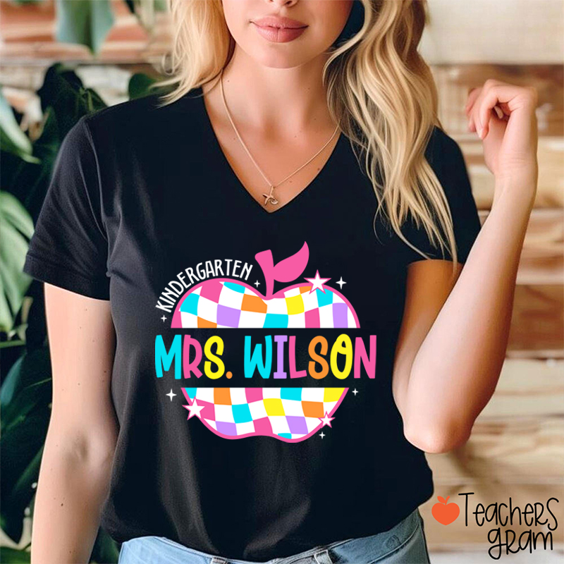 Personalized Colorful Checkerboard Hollow Apple Teacher Female V-Neck T-Shirt