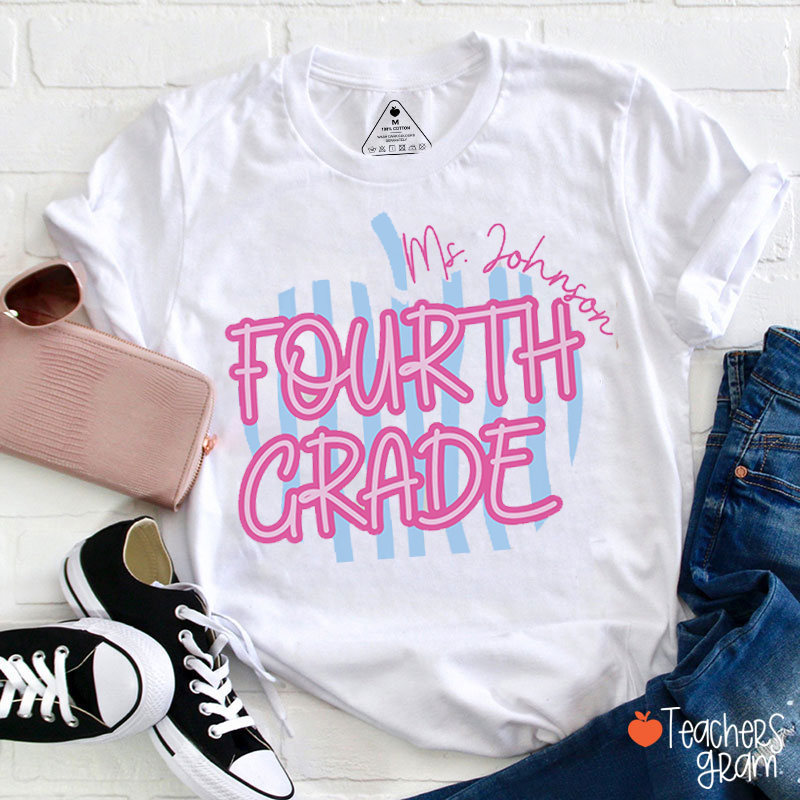 Personalized Grade And Name Stripes Apple Teacher T-Shirt