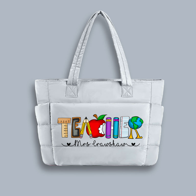 Personalized Name Cartoon Stationery Pencil Teacher Puffy Tote Bag
