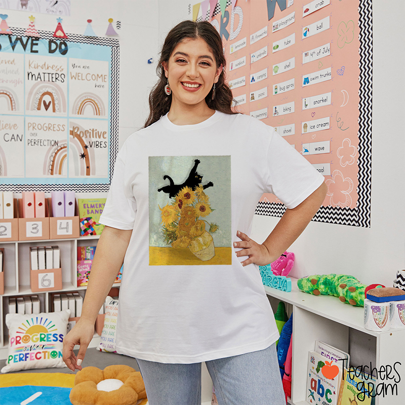 Van Gogh Sunflowers And Cat Teacher T-Shirt