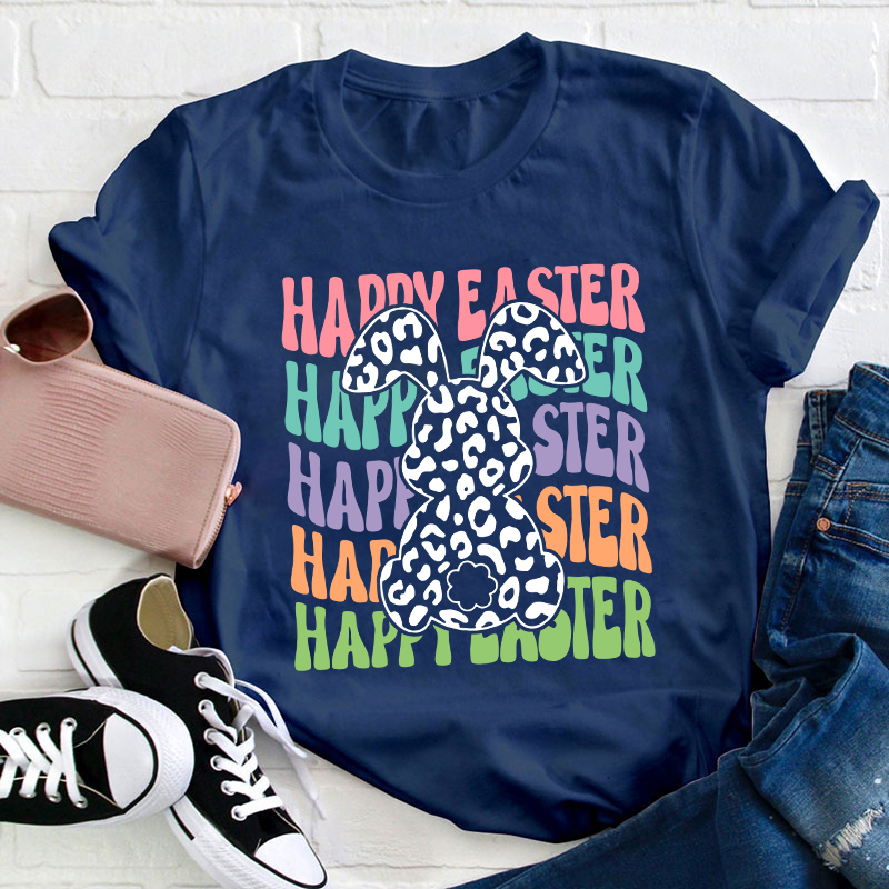 Happy Easter Leopard Bunny Teacher T-Shirt
