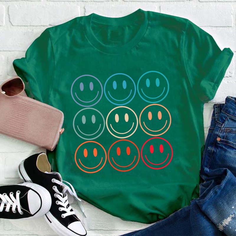 Happy Colorful Face Graphic Teacher T-Shirt