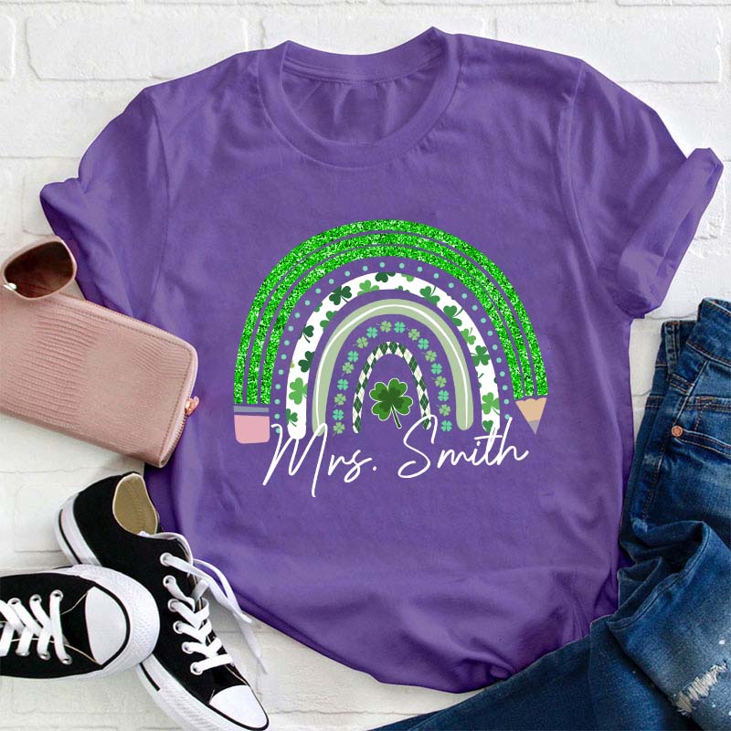 Personalized Green Rainbow Pencil Name Teacher T-Shirt