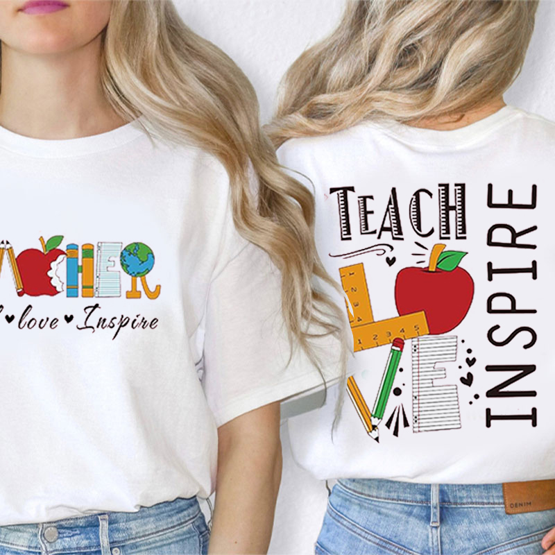 Teach Love Inspire Cute Icon Teacher Two Sided T-Shirt