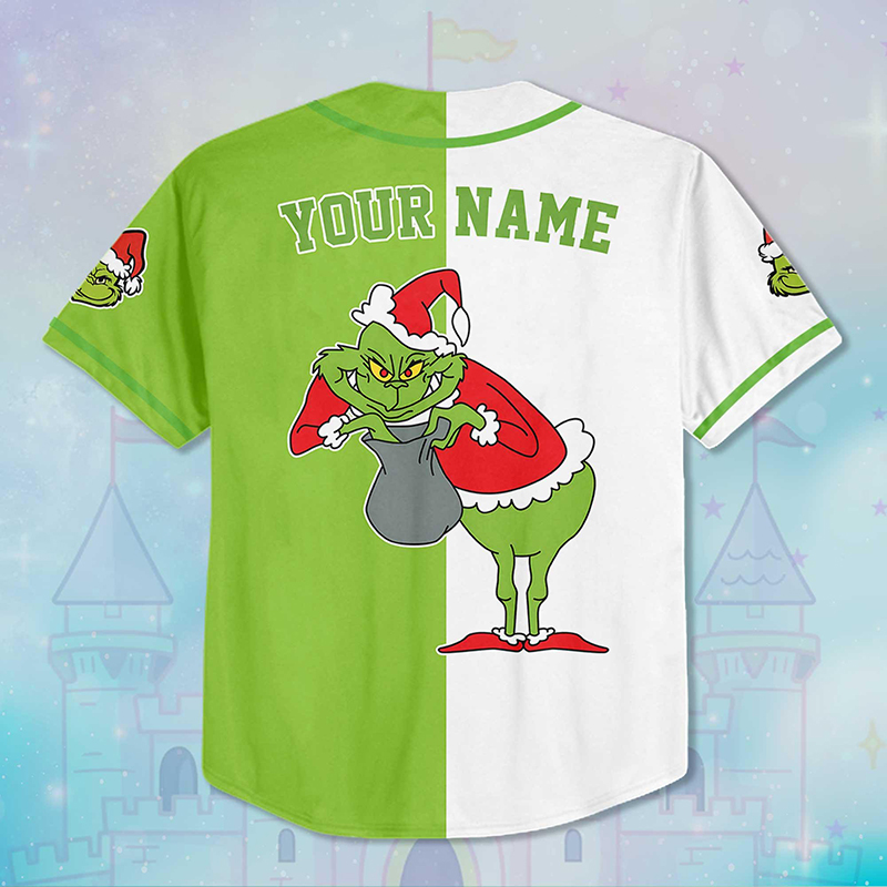 Personalized Name And Number Green Guy Stealing Christmas Teacher Baseball Jersey
