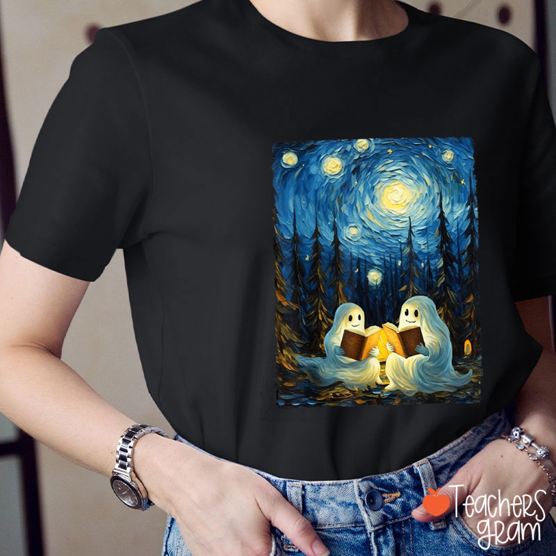 Starry Night Ghost Book Reading Van Gogh Art Teacher T-Shirt