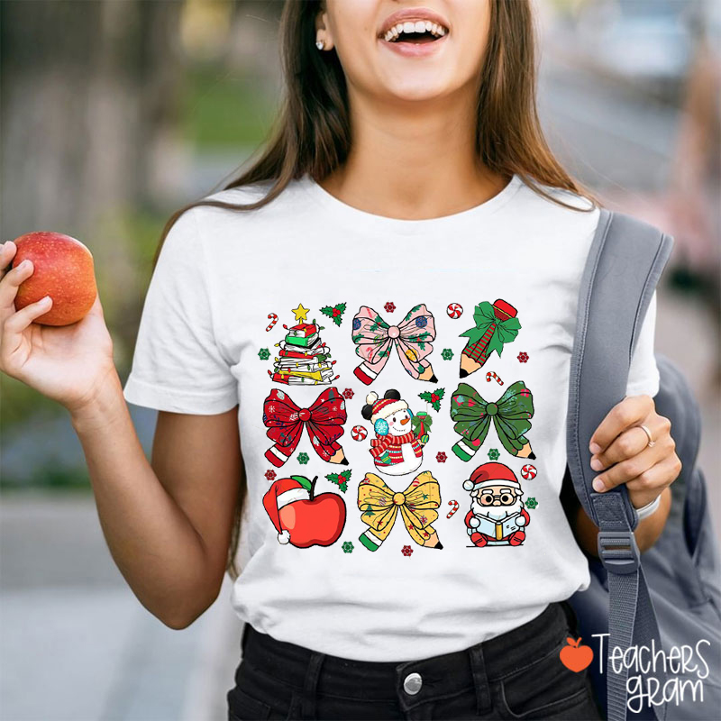 Cute Santa Snowman Pencil Bow Teacher T-Shirt