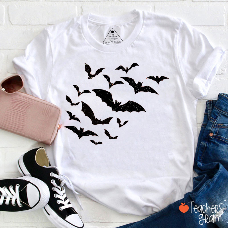 Glitter Black Bats Halloween Teacher T-Shirt