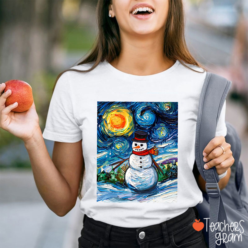Van Gogh Starry Snowman Christmas Teacher T-Shirt