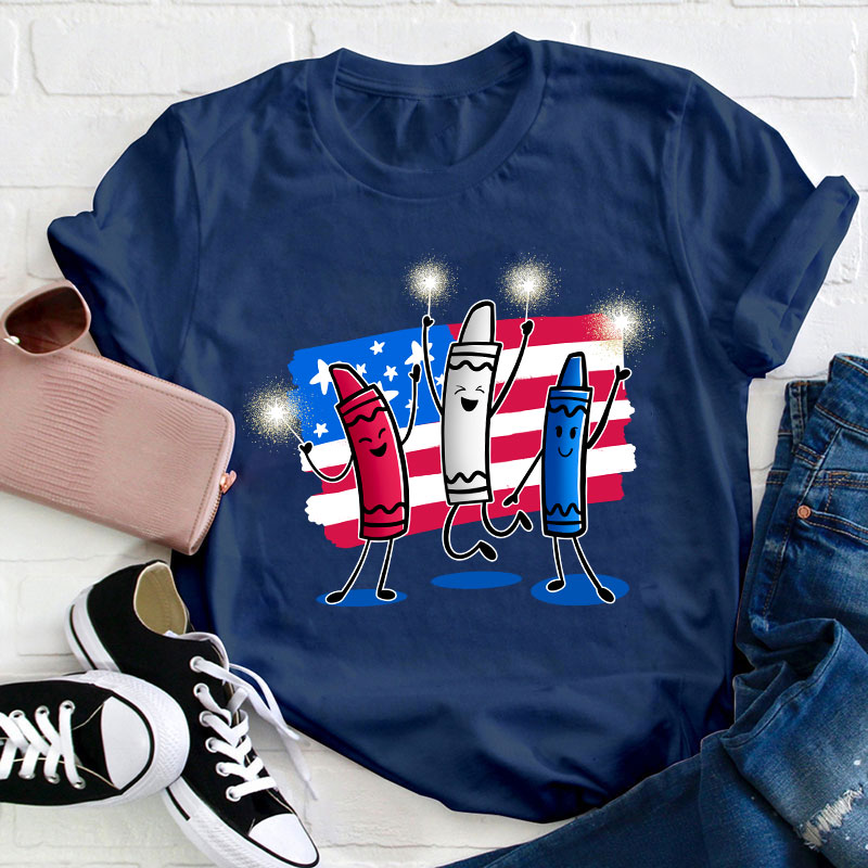 4th Of July Color Crayon Teacher T-Shirt