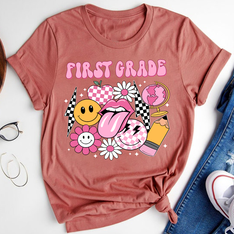Personalized Pink Checkerboard And Smiley Face Grade Teacher T-Shirt