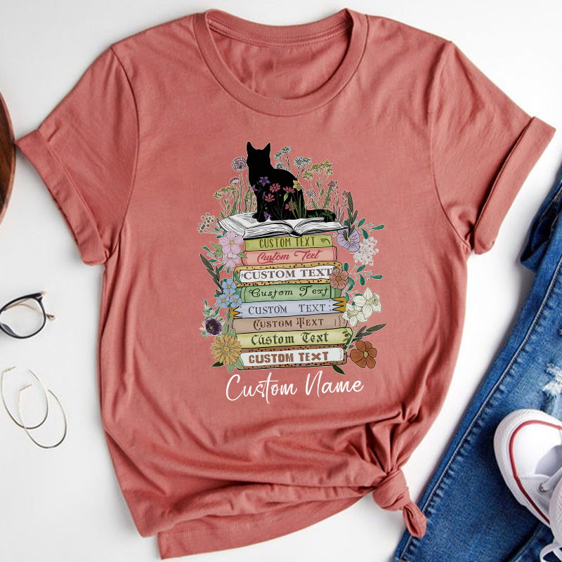 Personalized Vintage Floral Cat Books Teacher T-Shirt