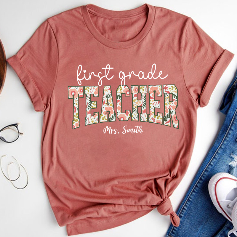 Personalized Vintage Flower Teacher Name Position Teacher T-Shirt
