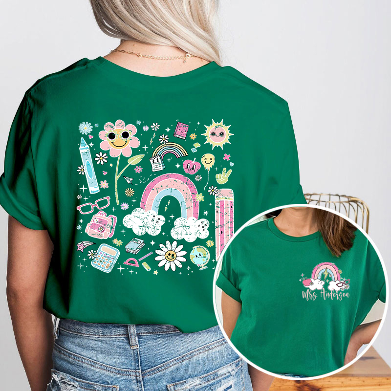 Personalized Pink Rainbow Cute Icon Teacher Two Sided T-Shirt