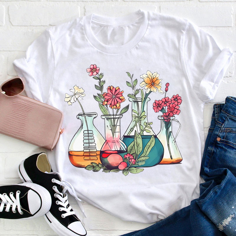 Floral Beakers Chemistry Lab Teacher T-Shirt
