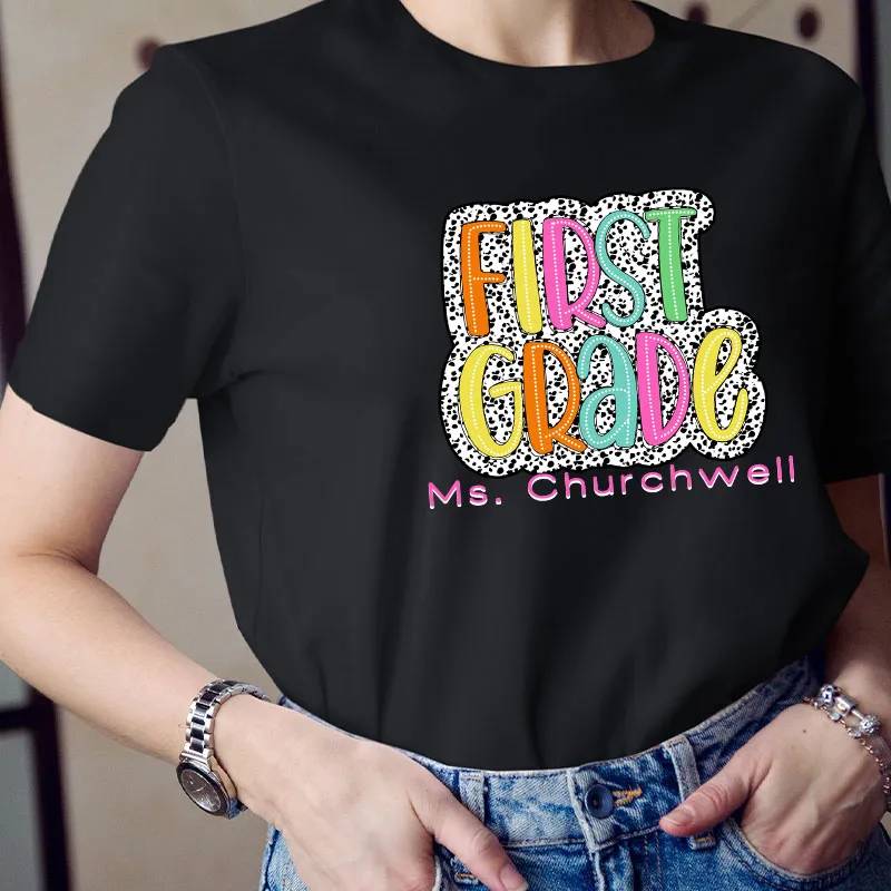 Personalized Neon Lights And Polka Dots Teacher T-Shirt