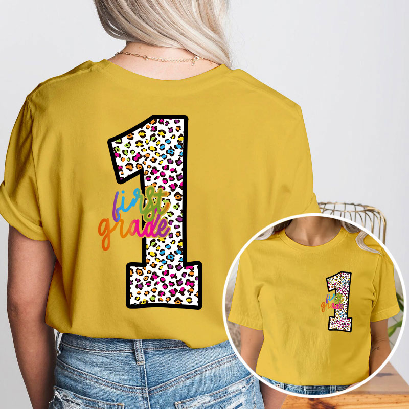 Personalized Colorful Leopard Letter Is For Teacher Two Sided T-Shirt