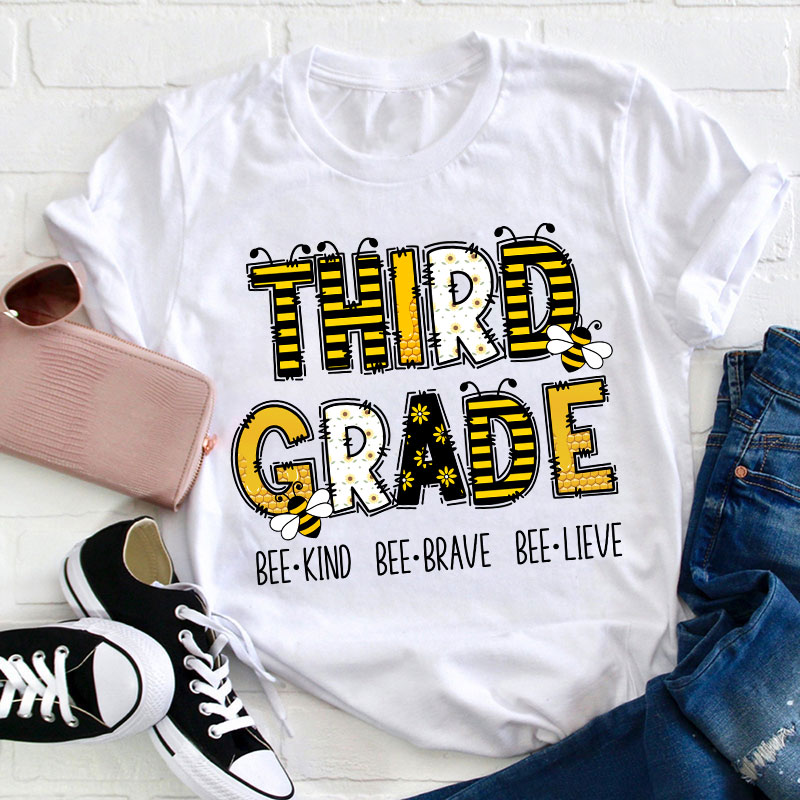 Personalized Grade Funny Bee Font Design Teacher T-Shirt