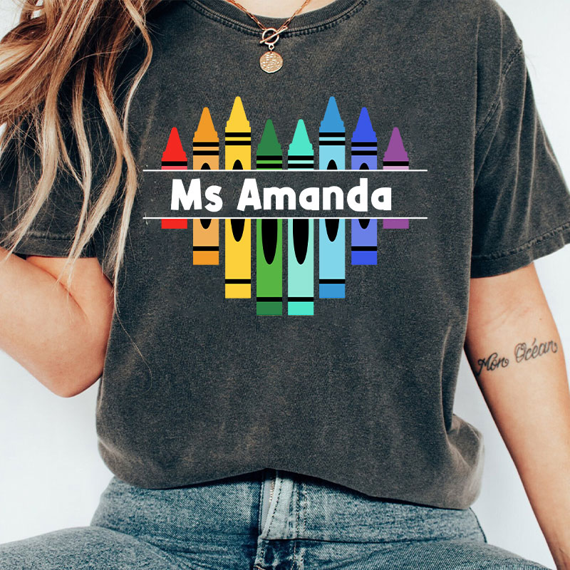 Personalized Name Colorful Crayons Teacher Washed T-Shirt