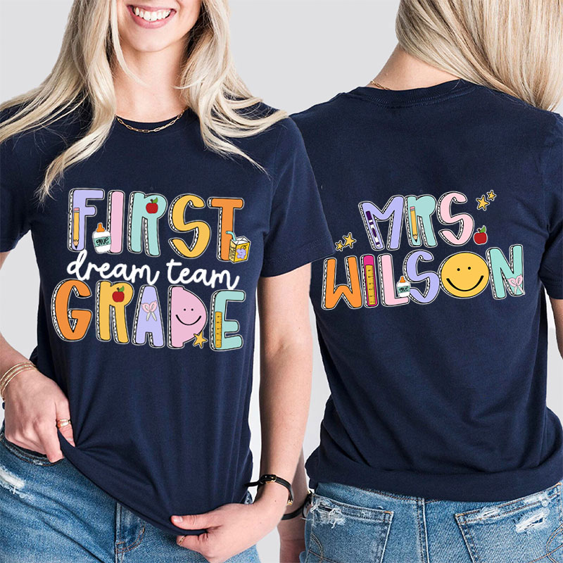 Personalized Teacher's Name And Grade Smiley Apple Icon Teacher Two Sided T-Shirt