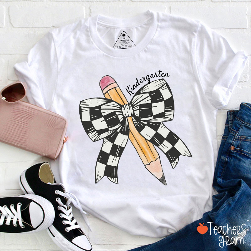 Personalized Grade Checkered Bow Pencil Teacher T-Shirt