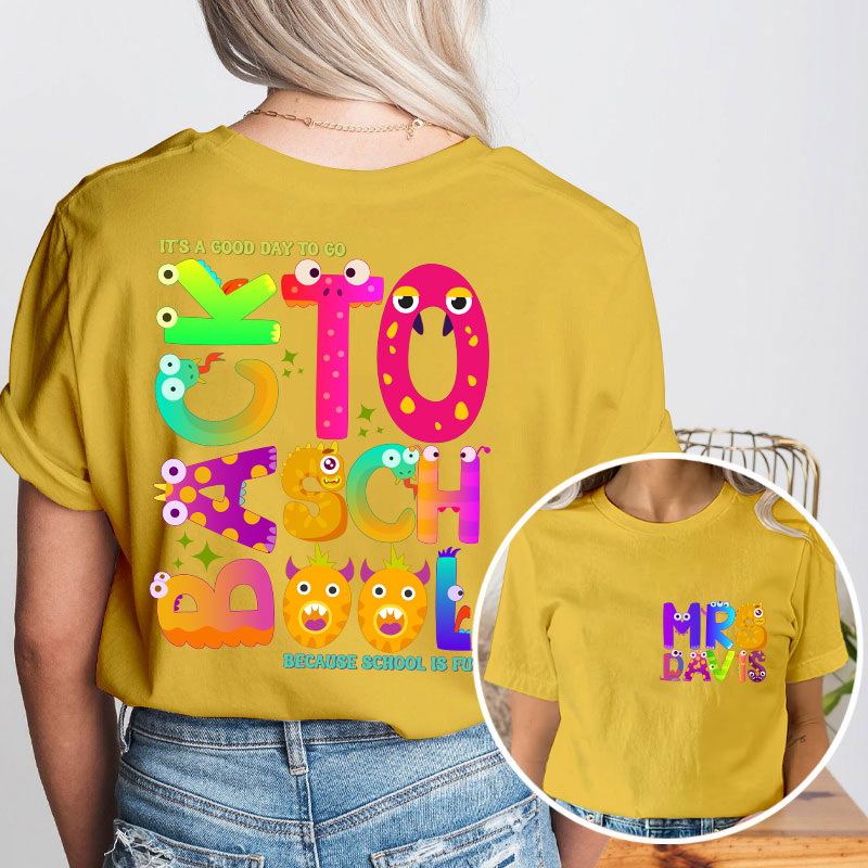 Personalized Name Cute Animal Alphabet Teacher Two Sided T-Shirt