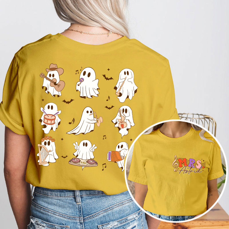 Personalized Name Ghost Music Teacher Two Sided T-Shirt