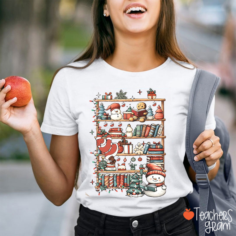 Reading Bookshelf Merry Christmas Teacher T-Shirt