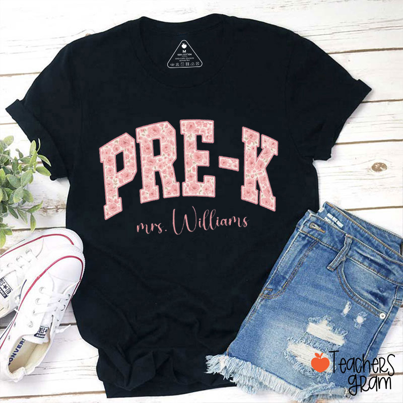 Personalized Name And Grade Floral Letter Teacher T-Shirt
