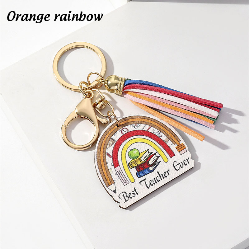 Rainbow Wooden Sign Tassel Teacher Keychain