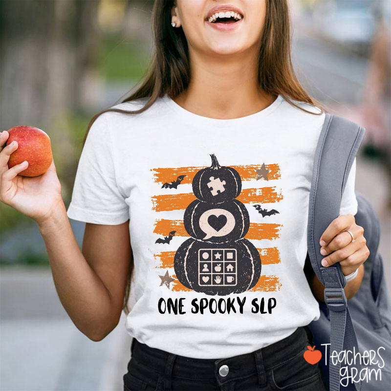 One Spooky SLP Stacked Pumpkin Halloween Teacher T-Shirt