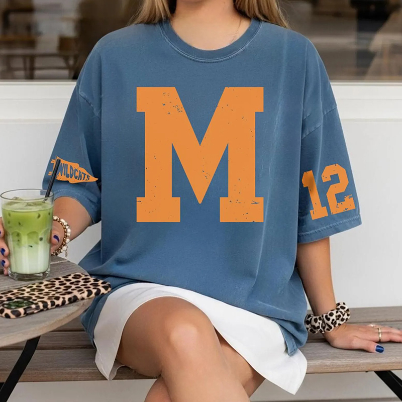 Personalized Varsity Letter Distressed Mascot Teacher Sleeve Print T-Shirt